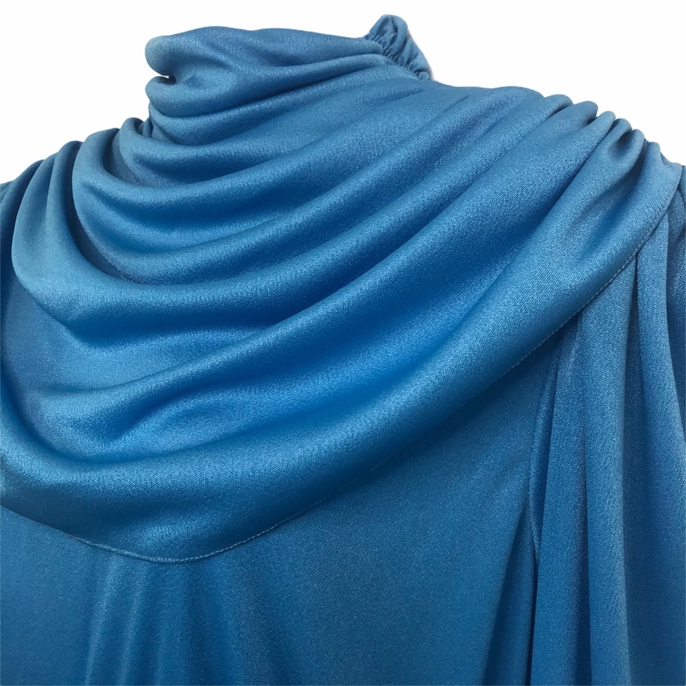 Vintage 70s Blue High Neck Draped Dress - Picture 6 of 9